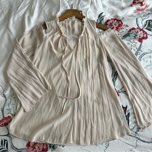 Lola & Sophie blush pink off white cream flowy silk blouse long sleeve shirt top